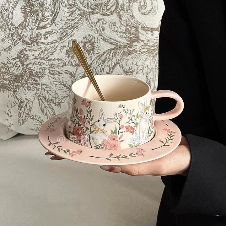 复古油画般花间兔咖啡杯碟马克杯陶瓷咖啡杯礼盒装高级感伴手礼