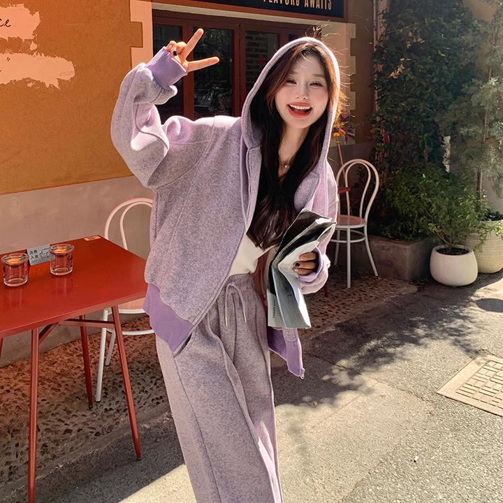 紫色休闲运动套装女春秋连帽卫衣两件套入秋减龄搭配一整套穿搭潮