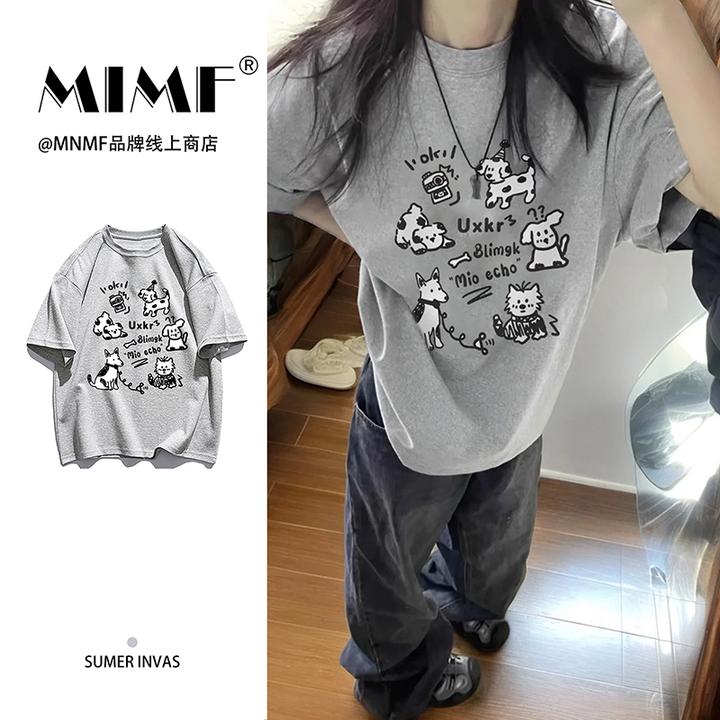 mnmf夏季卡通小狗印花短袖T恤男女遮肉显瘦百搭纯棉上衣#T011009