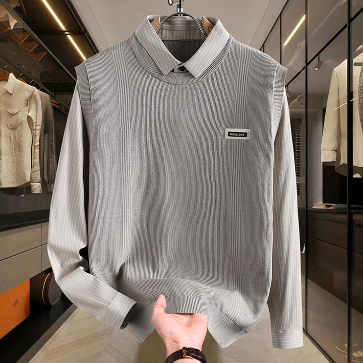 秋冬季新款假两件毛衣男士羊毛衫时尚高端针织衫轻奢衬衫领线衣潮