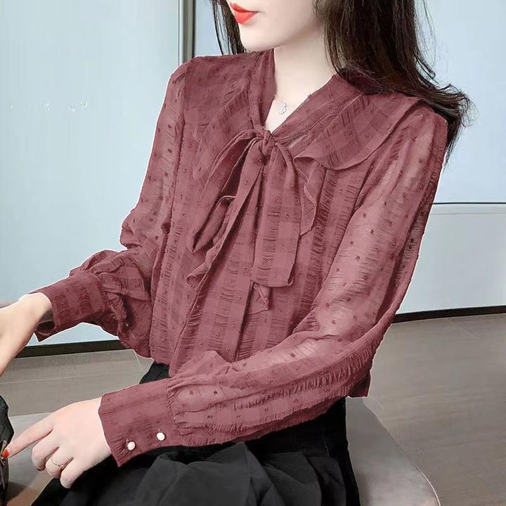 蝴蝶结V领雪纺衫女2025秋季新款衬衣宽松大码洋气长袖衬衫上衣女