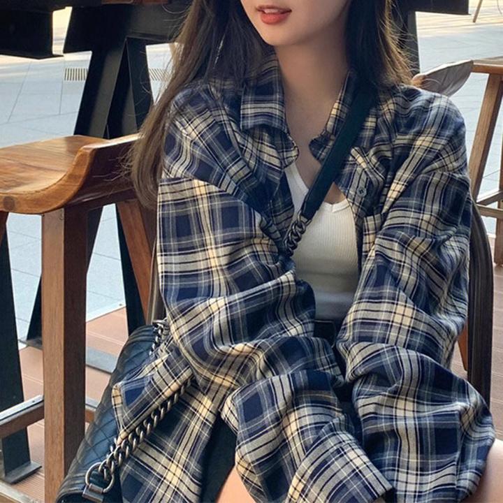 2024春秋款女装爆款别致漂亮衬衫慵懒风复古格子外套韩系穿搭上衣