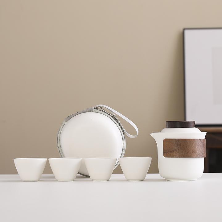 陶瓷快客杯便携式 圆木旅行茶具套装一壶四杯户外简易随身泡茶壶