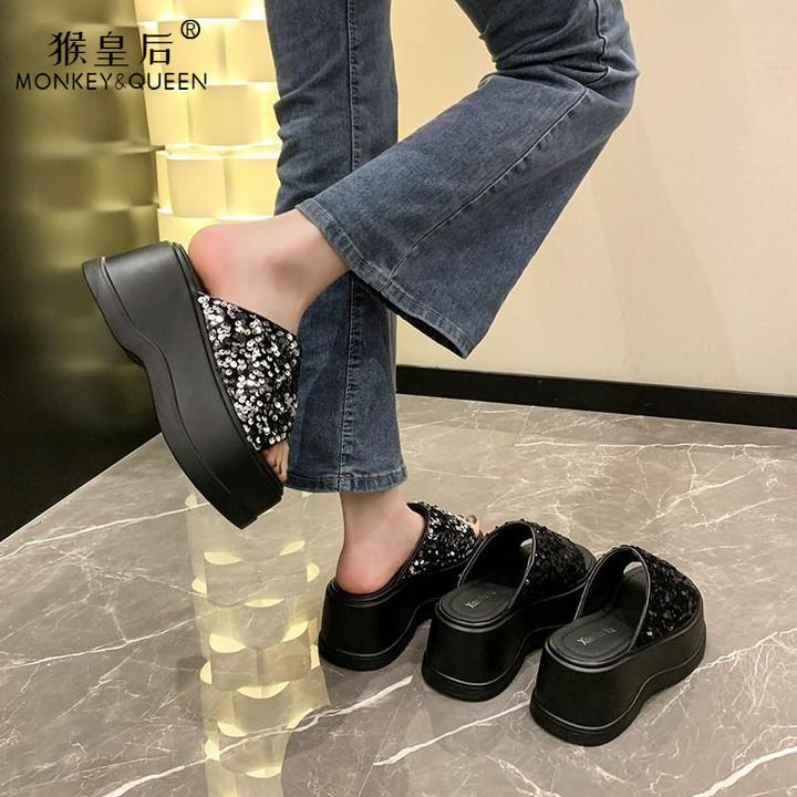 网红黑色厚底凉拖鞋女时尚方头2025夏季亮片法式一字拖百搭沙滩鞋