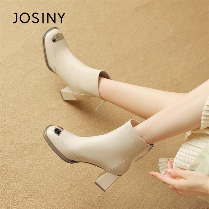 卓诗尼后拉链粗跟瘦瘦靴2025新款秋季英伦风百搭短靴女款气质靴子