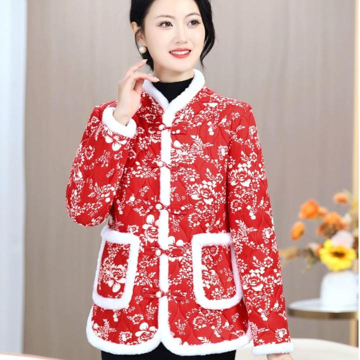 新款网红复古加绒保暖冬款中国风妈妈装花棉衣中年女花棉袄民族风