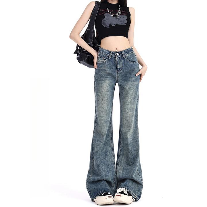 美式复古微喇牛仔裤女秋冬加绒加厚高腰显瘦百搭不贴腿拖地阔腿裤