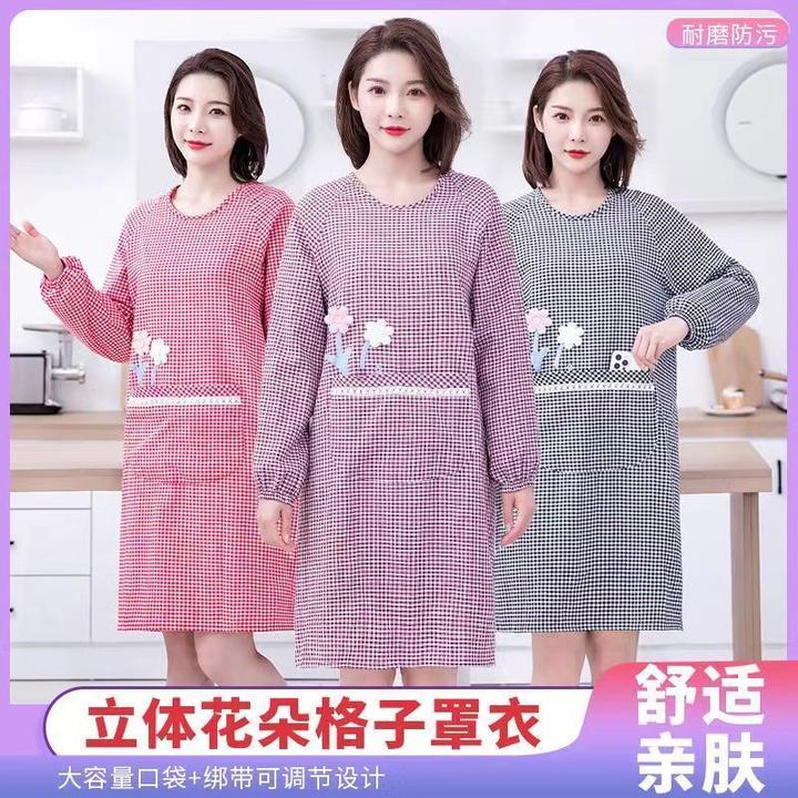 棉布围裙长袖男女家用厨房做饭防污反穿衣连袖罩衣加厚耐脏工作服