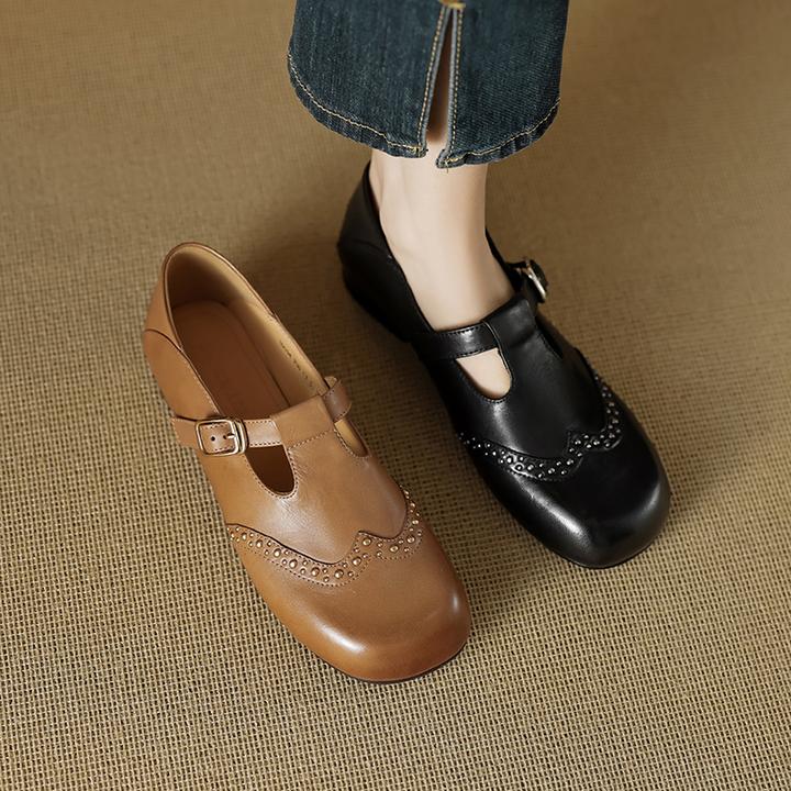 2024年新款秋冬学院风一字式扣带玛丽珍鞋女真皮矮跟复古法式单鞋
