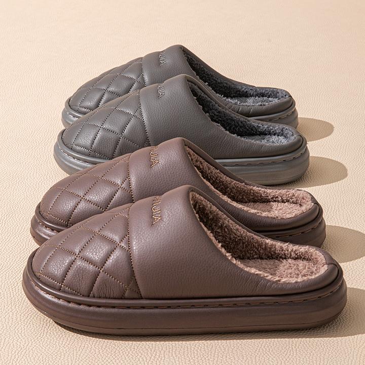 PU防水男士棉拖鞋秋冬季新款家居室内防滑厚底加绒保暖棉拖鞋男款