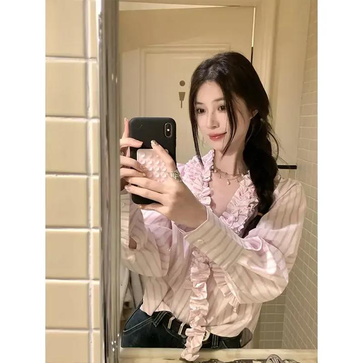 秋冬2024新款高级感撞色条纹衬衫法式气质显瘦减龄百搭长袖上衣潮