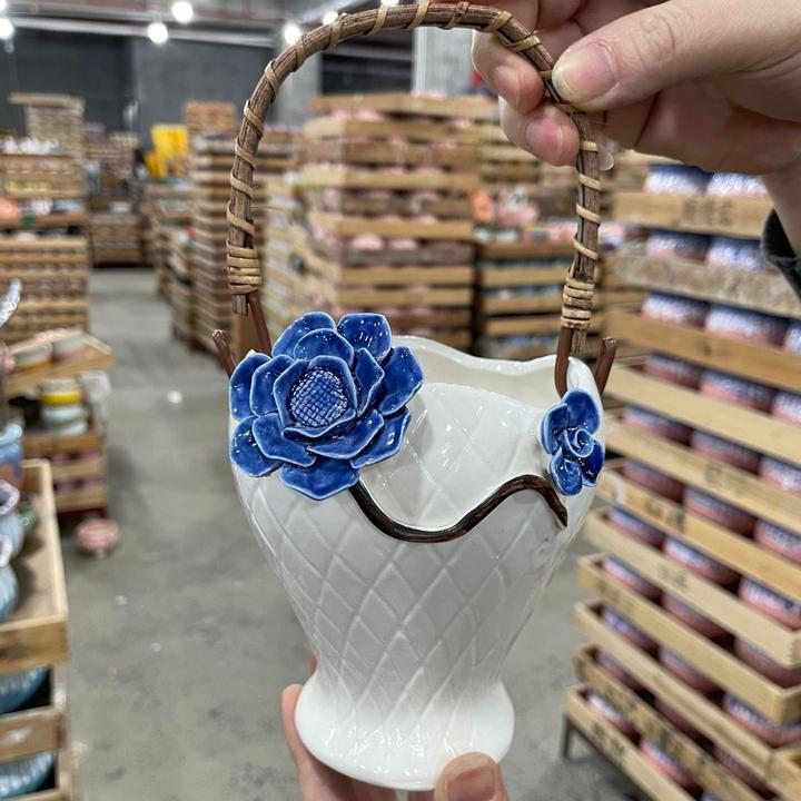 【直播专享】手工拈花手提篮蓝色妖姬多肉老桩法师盆！陶瓷花盆简约