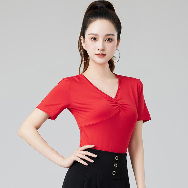 拉丁舞服装夏新款女成人短袖红色上衣摩登国标广场跳舞健身练功服