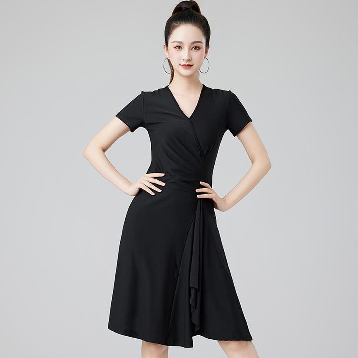 拉丁舞服装夏季新款时尚V领短袖百搭女连衣裙摩登国标跳舞练功服