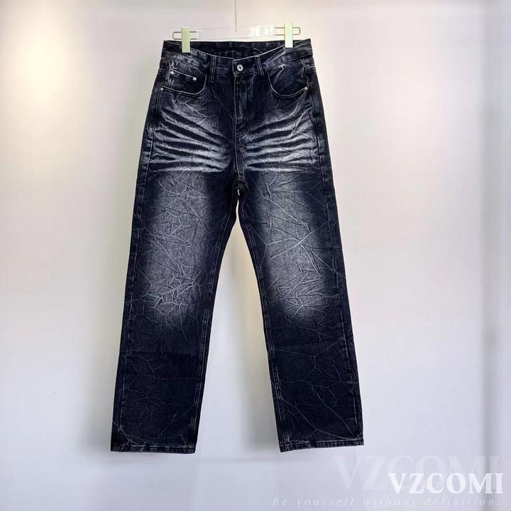 高端新款猫须黑牛阔腿牛仔裤男款美式高街裤子潮牌宽松直筒爆款