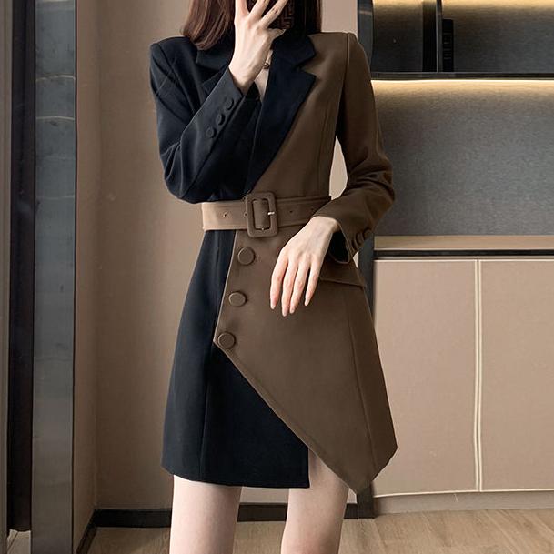 2024新款女装拼接法式气质高级感不规则连衣裙设计小众西装裙