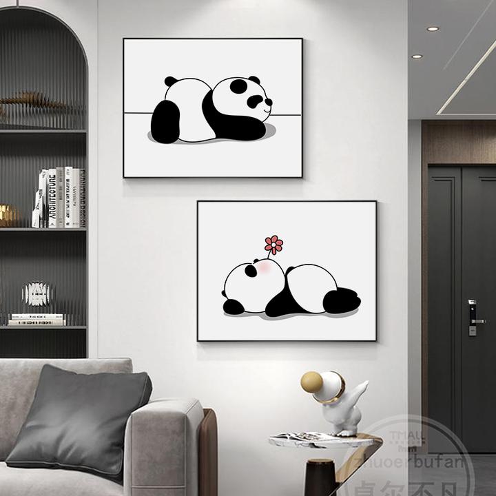 免打孔黑白熊猫电表箱装饰画现代简约餐厅配电箱电表箱遮挡挂画