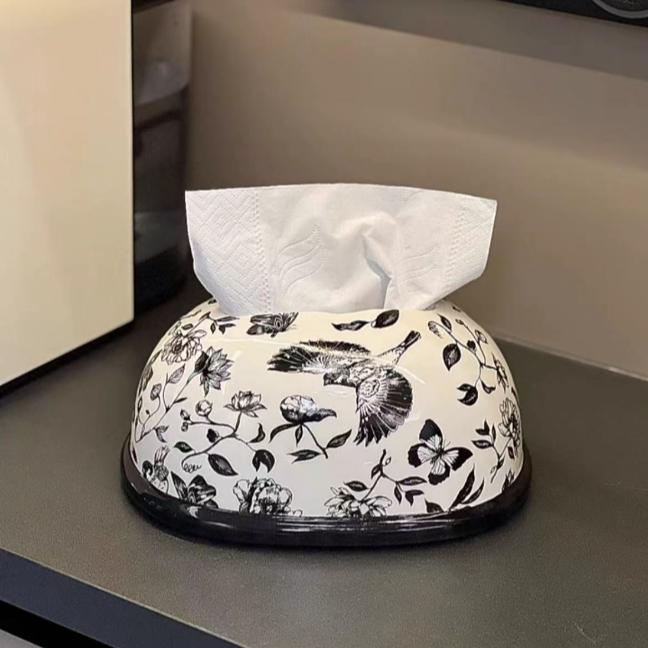 复古法式花鸟纸巾盒陶瓷客厅茶几轻奢高档弹簧抽纸盒餐桌装饰摆件
