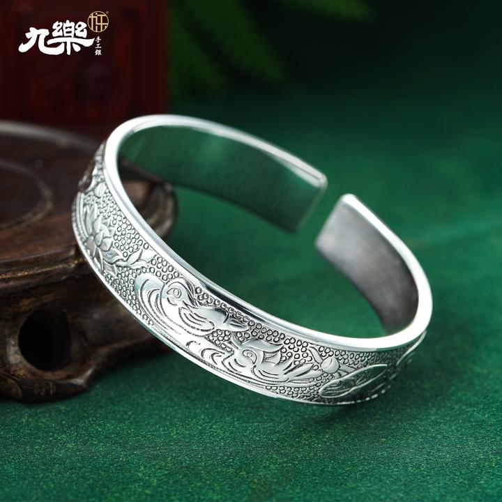 九乐 足银手镯  999精品浮雕莲花鸳鸯戏水开口手镯约82g荷花银镯