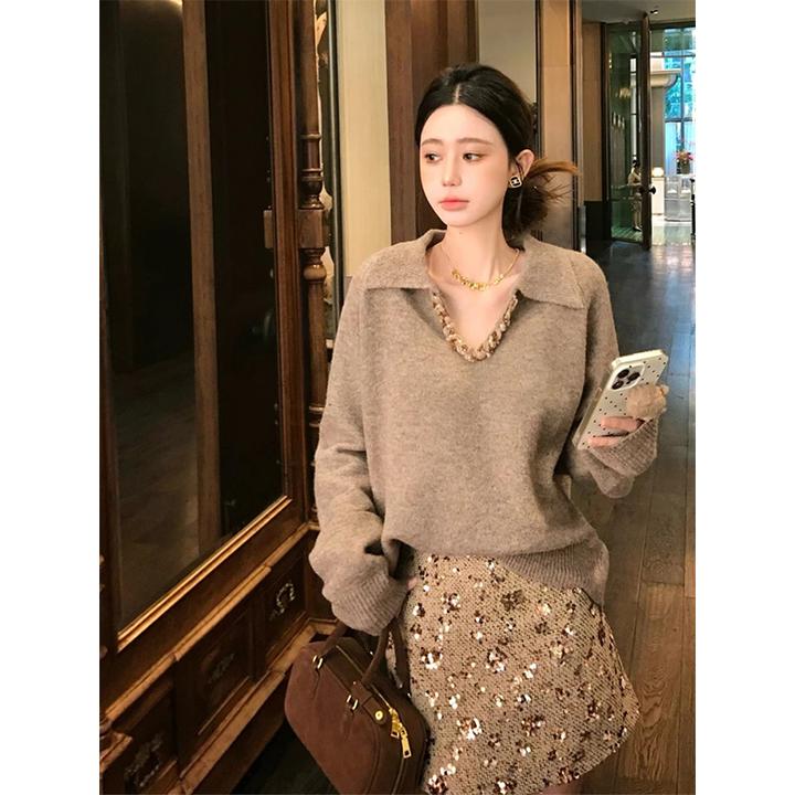 高级感重工灰色v领套头毛衣女秋冬奶fufu慵懒风宽松加厚针织上衣