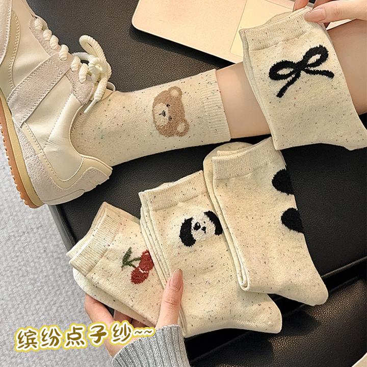 袜子女中筒袜秋冬新款点子纱袜可爱小熊蝴蝶结卡通日系韩版堆堆袜