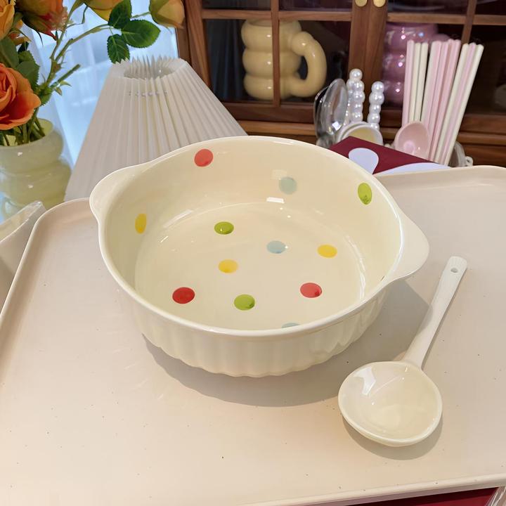 缤纷7.5英寸双耳碗带勺陶瓷泡面碗沙拉碗釉下彩学生可爱家用