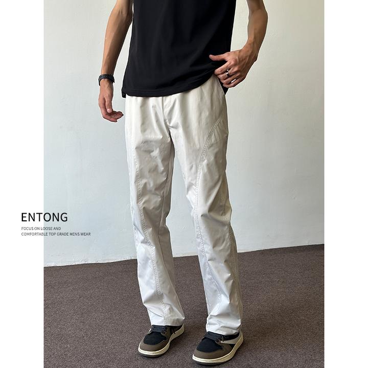 Entong美式基础斜切大码休闲裤男款潮流显高显瘦直筒宽松微喇裤子