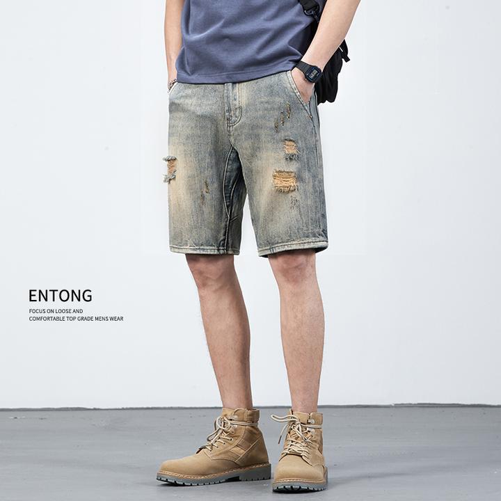 Entong夏天破洞牛仔短裤男潮牌宽松复古水洗做旧中裤五分裤夏季