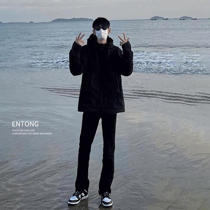 Entong潮牌黑色牛仔裤男款直筒美式vibe裤子高街爆款微喇男生长裤