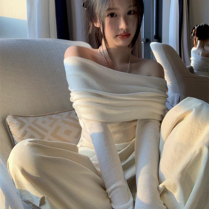 一字肩法式chic气质温柔针织衫女秋季修身显瘦高级感褶皱露肩上衣