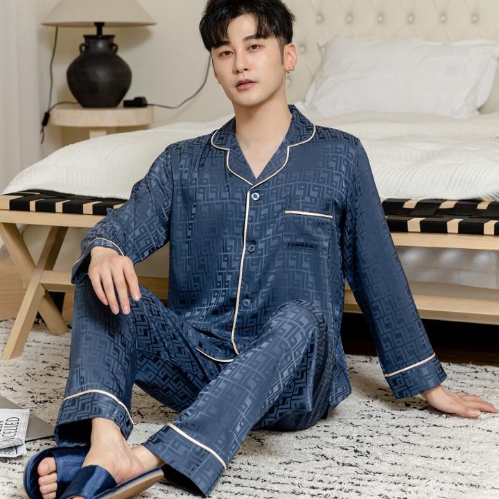 男士冰雪丝提花长袖长裤秋冬男春夏季冰丝薄款透气家居服套装春秋