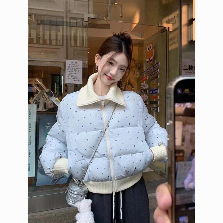奶蓝色碎花翻领短款拉链棉服外套女冬季新款小个子百搭保暖面包服
