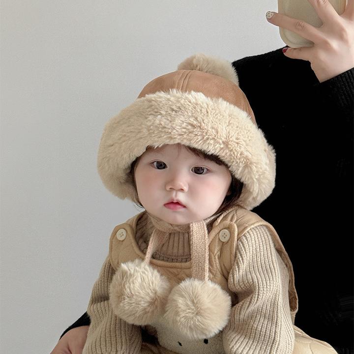 儿童帽子冬天毛绒帽韩版洋气麂皮绒护耳帽男女宝宝加厚加绒防风帽