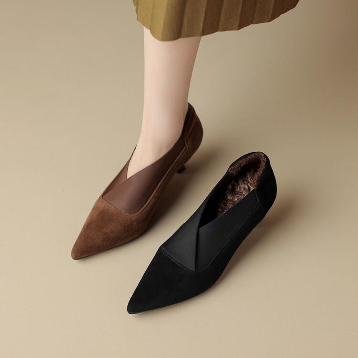 法式尖头百搭单鞋女秋冬新款气质通勤裸靴V口细跟真皮毛毛高跟鞋