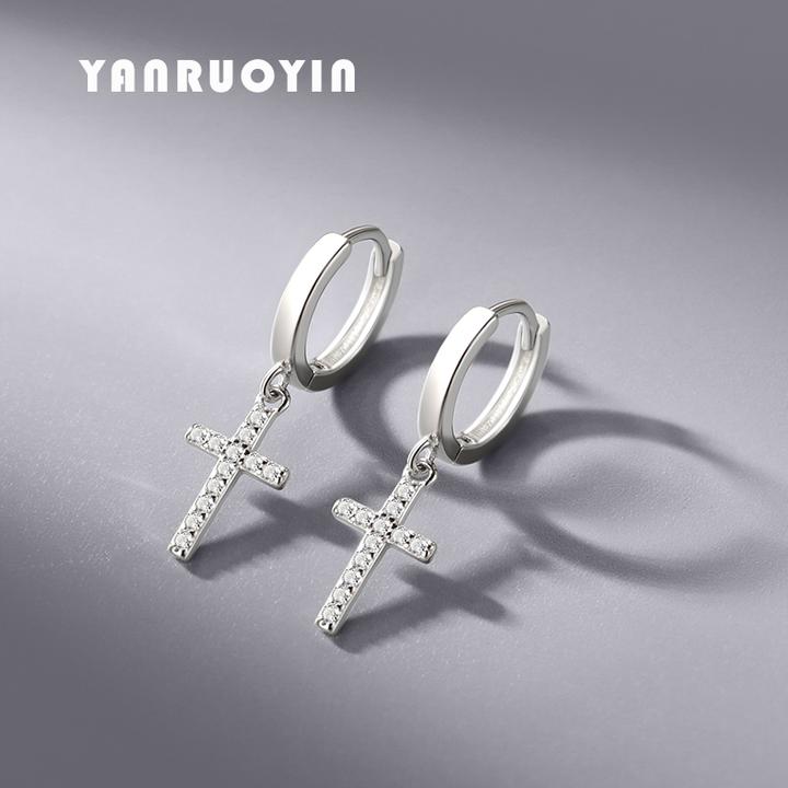 言若银 足银耳饰 纯银十字架耳环百搭轻奢耳扣个性欧美风EK176