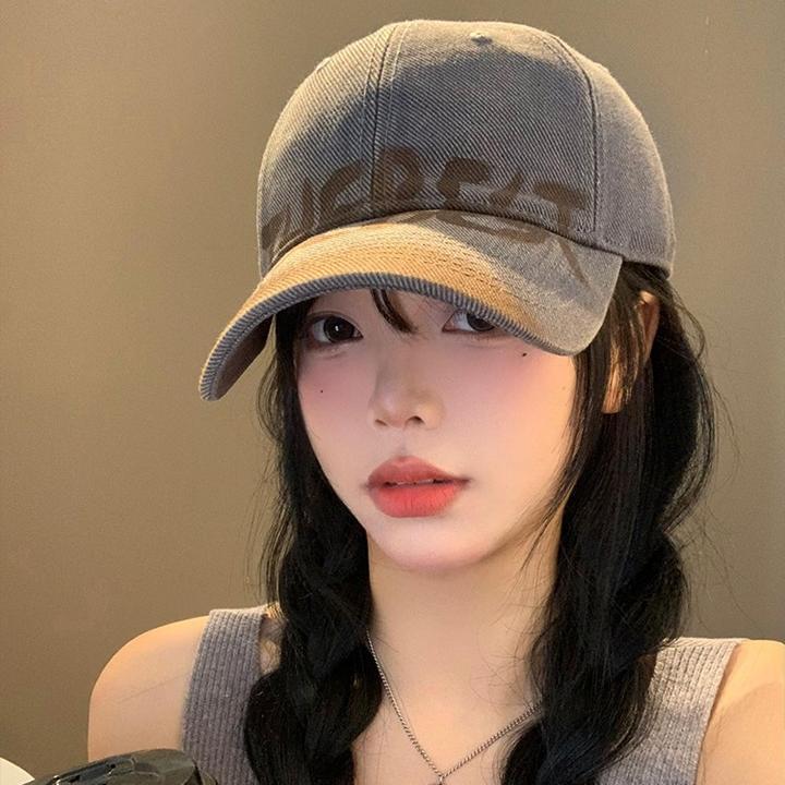 水洗做旧字母棒球帽女美式复古大头围鸭舌帽显脸小宽帽檐软顶帽子