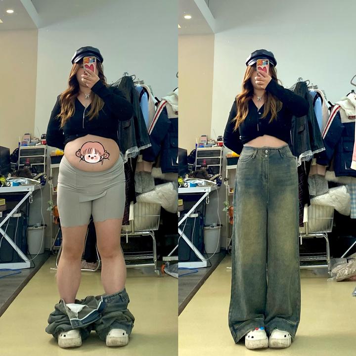 胖mm大码定制百搭无腰头设计感小从美拉德显瘦阔腿牛仔裤女582