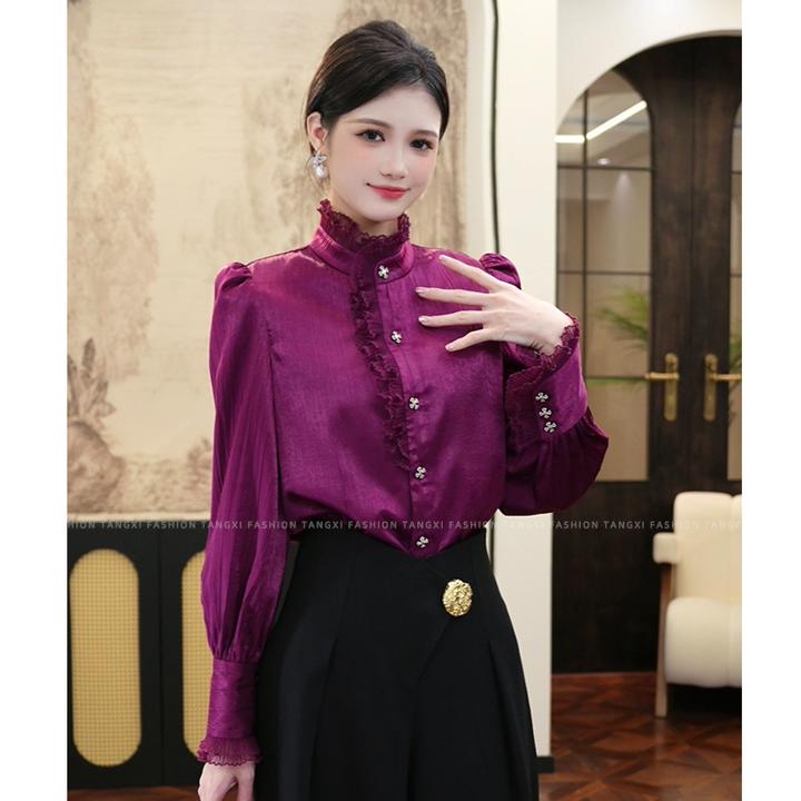 薄款现货2024春季【Q23-Q130-1】高级感气质紫色显瘦百搭小众上衣女