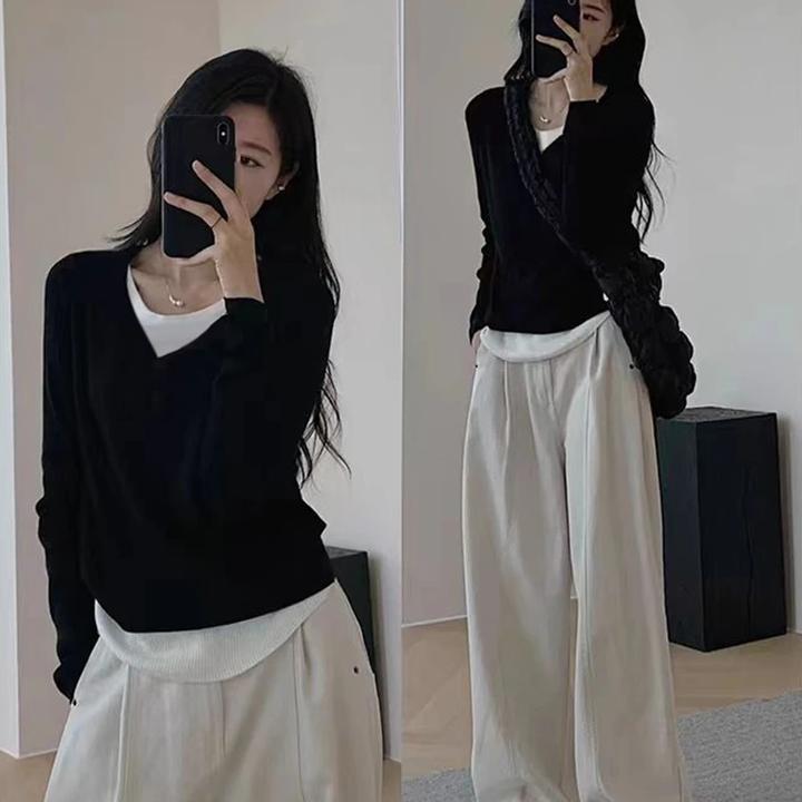 不规则黑色显瘦假两件v领内搭打底衫女长袖T恤修身上衣设计感春秋