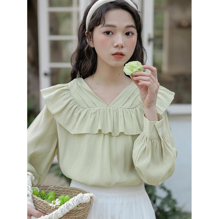 实拍实价 202秋季新款  韩系温柔V领荷叶边小清新长袖衬衫上衣