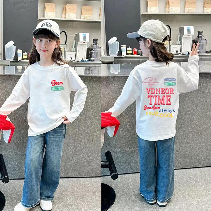 卡通图案儿童长袖纯棉t恤春秋洋气打底衫T网红男女宝宝白色上衣潮