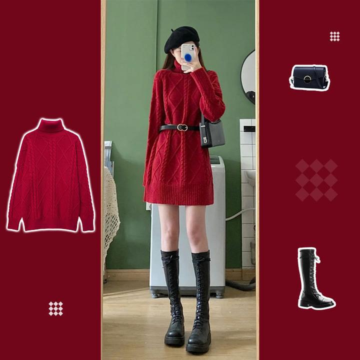 2051复古红色中长款毛衣女直筒显瘦针织上衣