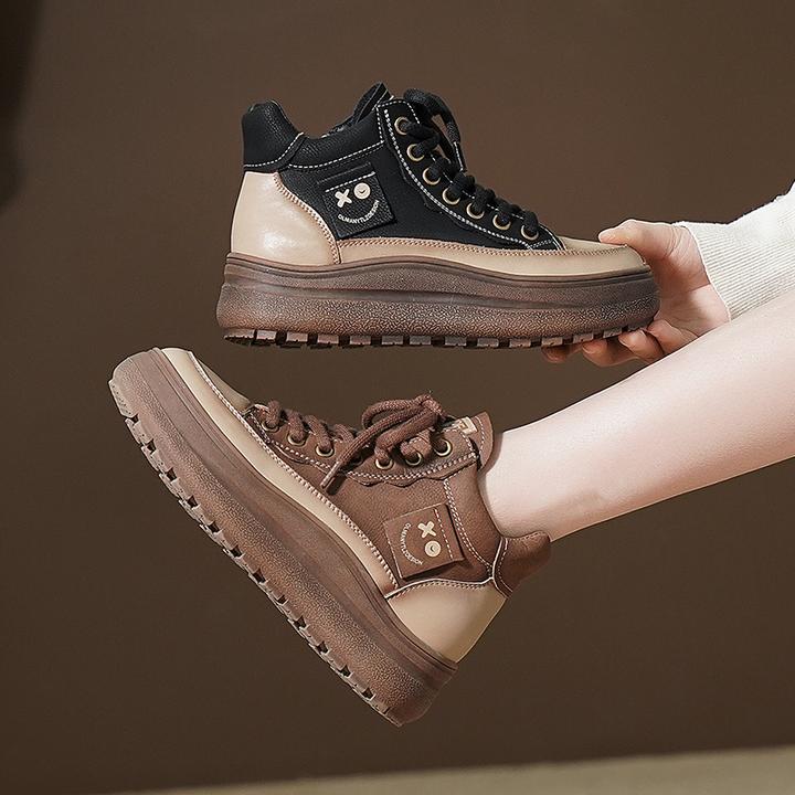 真皮厚底英伦风短靴女秋冬保暖厚底靴子时尚高帮鞋软底加绒马丁靴