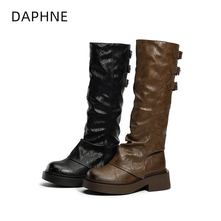 Daphne/达芙妮2025秋季时尚百搭真皮厚底骑士过膝长筒靴子04278
