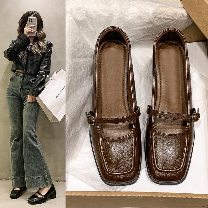 新款2024年秋法式复古风浅口方头单鞋女气质高跟鞋一字带玛丽珍鞋