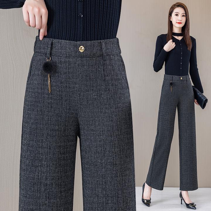 毛呢阔腿裤女2025春秋季新款高腰显瘦小个子休闲裤宽松直筒毛呢裤
