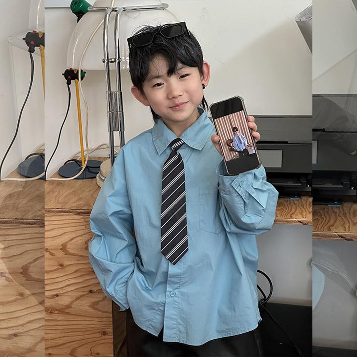 现货发 男孩春秋新款男童领带衬衣儿童衬衫韩版打底长袖内搭洋气