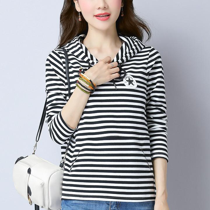 春秋季黑白条纹卫衣女2025新款宽松洋气减龄薄款连帽长袖上衣