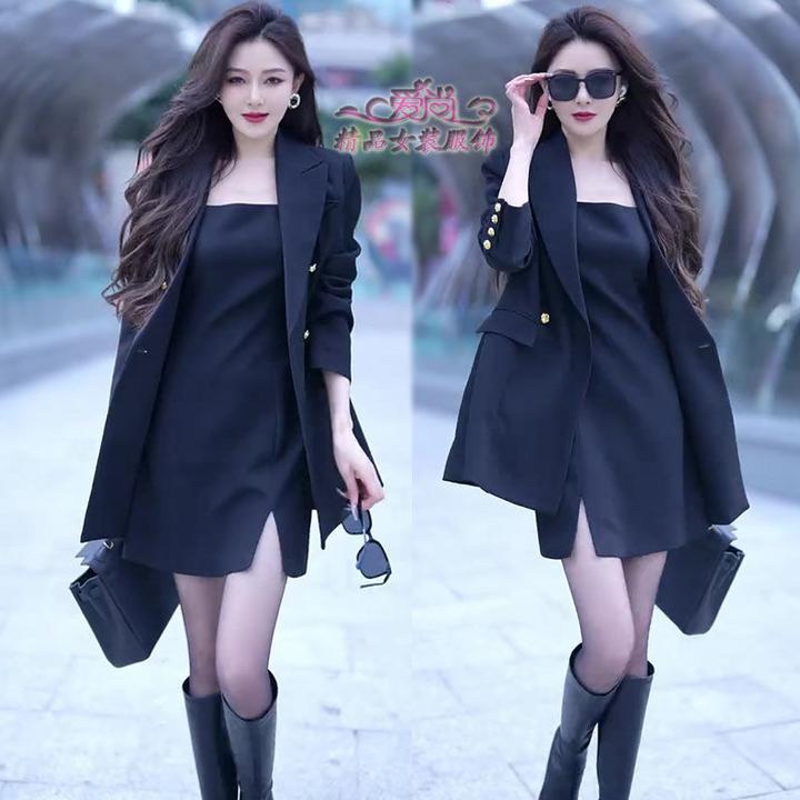 时尚套装新款纯色西装潮流穿搭显瘦气质宽松西服开叉吊带裙两件套
