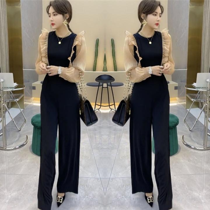 网红气质名媛连体裤女2024春季新款木耳边收腰显瘦阔腿连衣裤套装